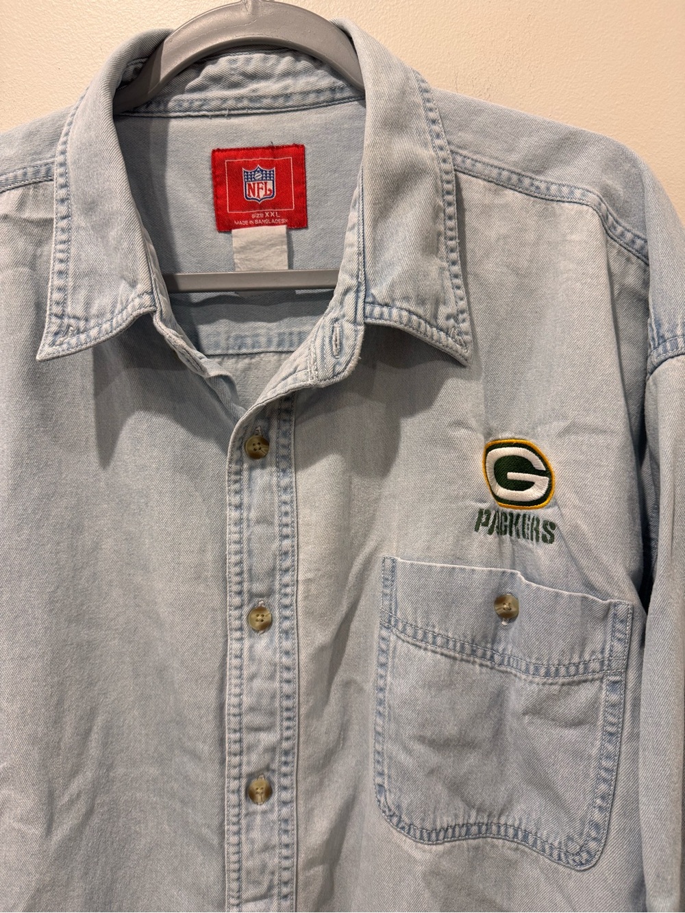 Vtg NFL Sz XXL Denim Green Bay Packers LS Shirt